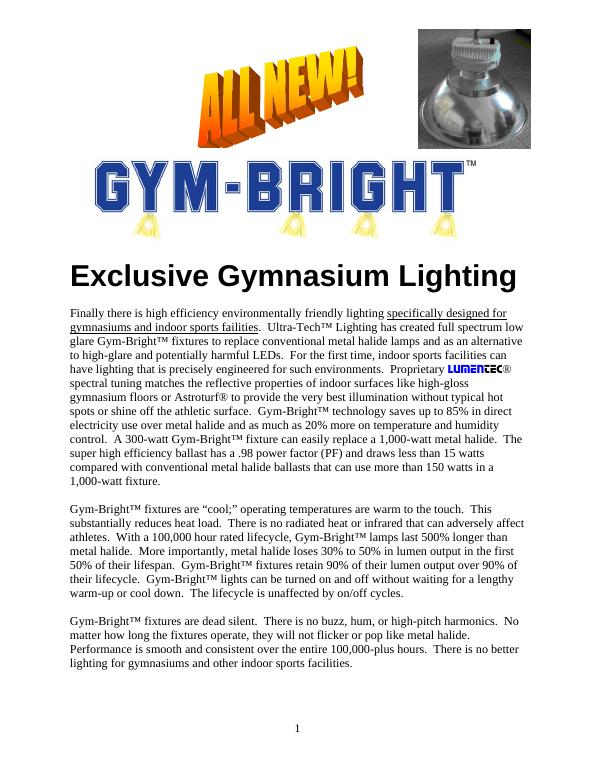 Gym-Bright™ Spec Sheet preview